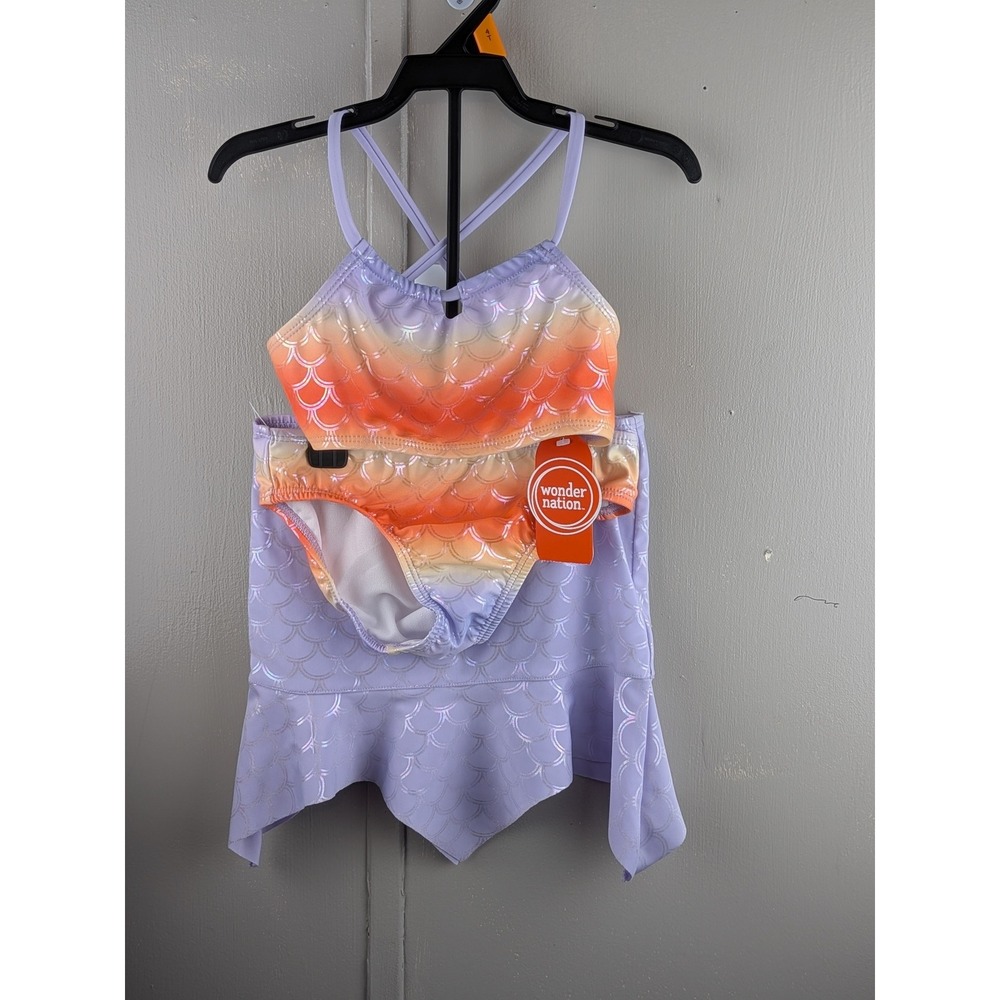 Wonder Nation Girls 3 Piece Mermaid Swimsuit Set Purple Orange Ombre 4T NWT